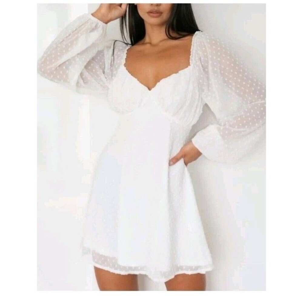 Womens Milkmaid Skater Dress Sz 14 Puffed Bell Sleeves Swiss Dot White Misguided